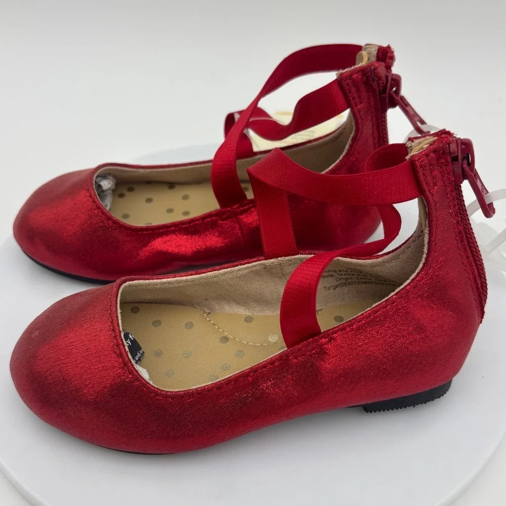 CAT & JACK Girls Red Ballet Shoe Flat Slipper Dress Metallic Girls 7 Mary Jane